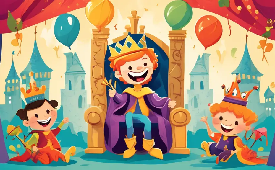 Create a vibrant and whimsical illustration featuring a cartoon prince sitting on a throne surrounded by laughing courtiers, each sharing playful puns. The