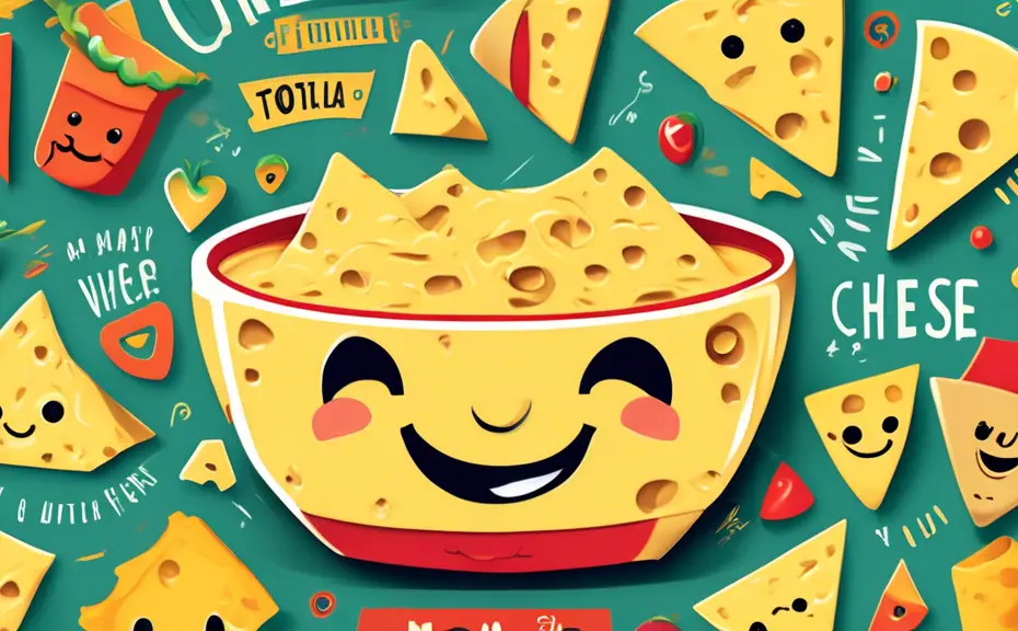 Create a whimsical and colorful illustration featuring a cartoon-style bowl of queso cheese with a smiling face, surrounded by playful cheese-themed puns i