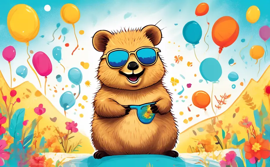 Create a cheerful and whimsical illustration of a happy quokka wearing sunglasses, surrounded by colorful speech bubbles filled with puns and jokes about q