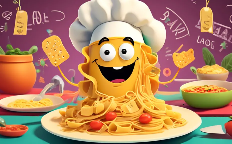 Create a whimsical illustration of a cheerful ravioli character with a big smile, wearing a chef's hat, surrounded by various pasta-themed puns written in