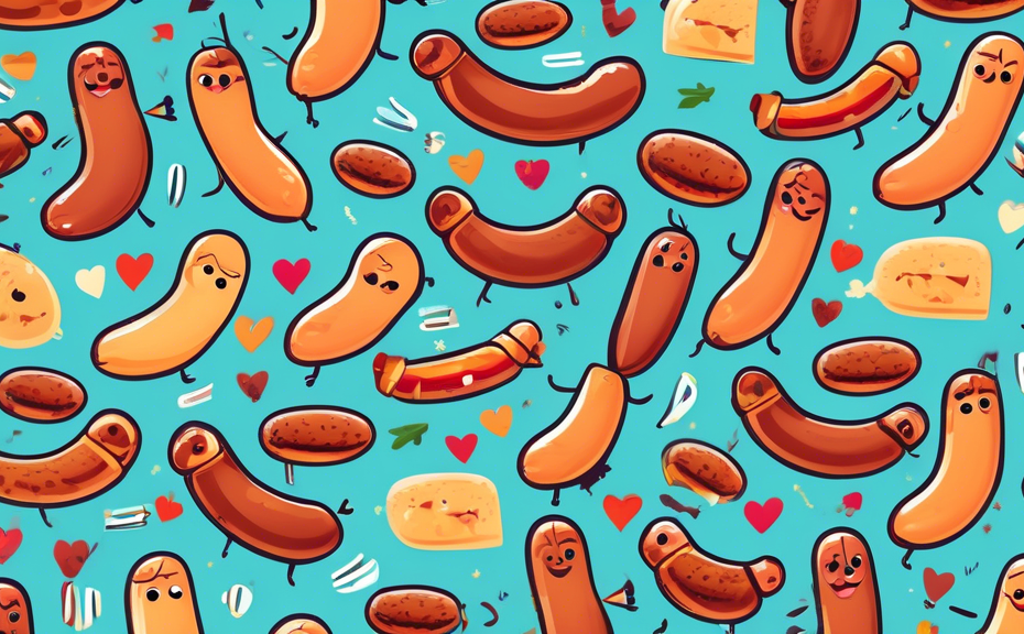 Create a whimsical illustration featuring a variety of playful cartoon sausages each with unique facial expressions, engaging in silly activities or situat