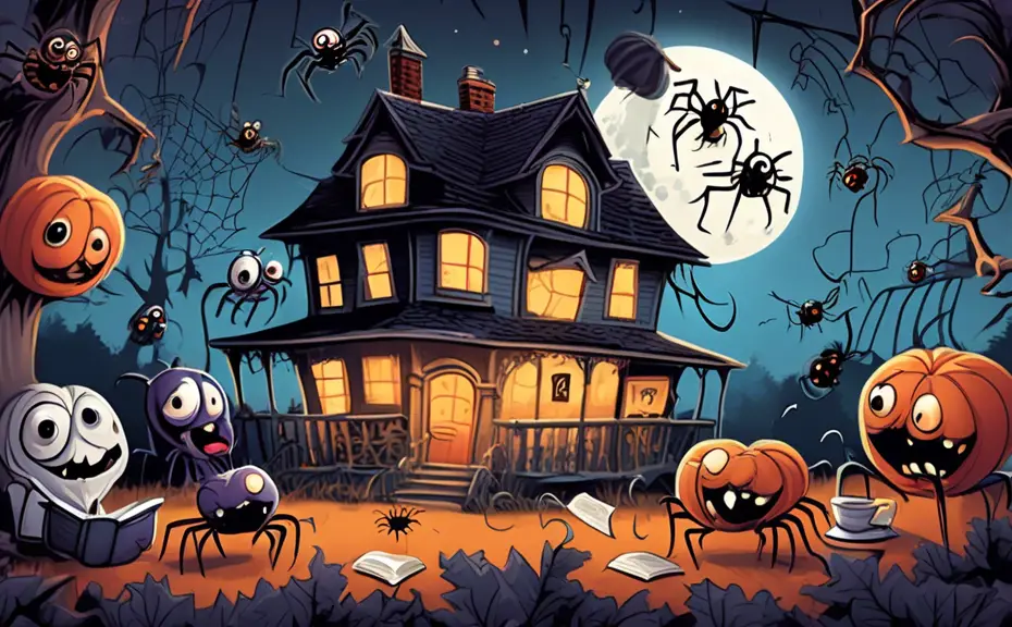 Create an imaginative and humorous illustration featuring various cartoon-style spiders engaged in pun-filled activities. One spider could be reading a boo