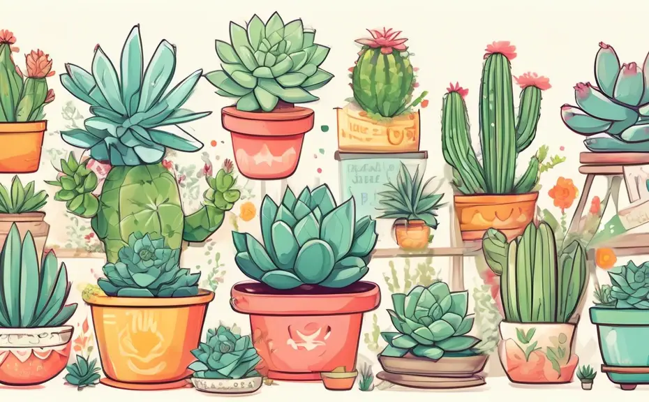 Create an illustration featuring a whimsical garden filled with various types of succulents. Each succulent should have playful, pun-inspired expressions a