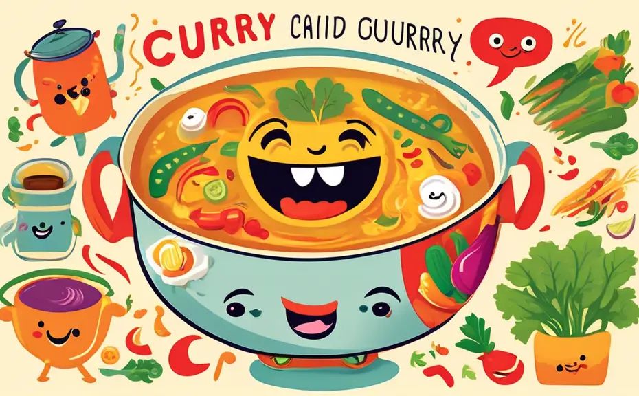 Create an illustration that features a vibrant Thai curry dish surrounded by playful and humorous puns related to curry. Include fun characters like a smil