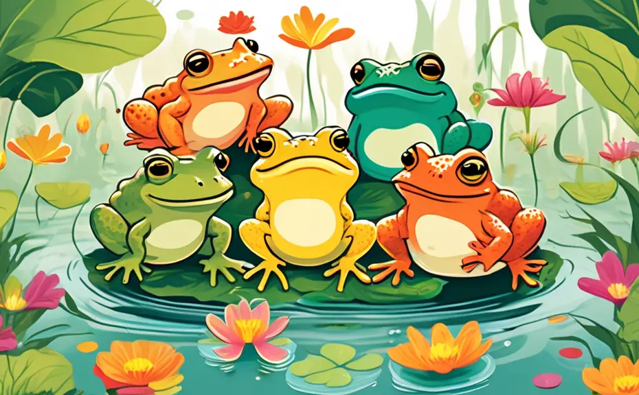 Create a whimsical illustration featuring a group of happy, cartoonish toads leaping through a vibrant pond while sharing puns and jokes. Include speech bu