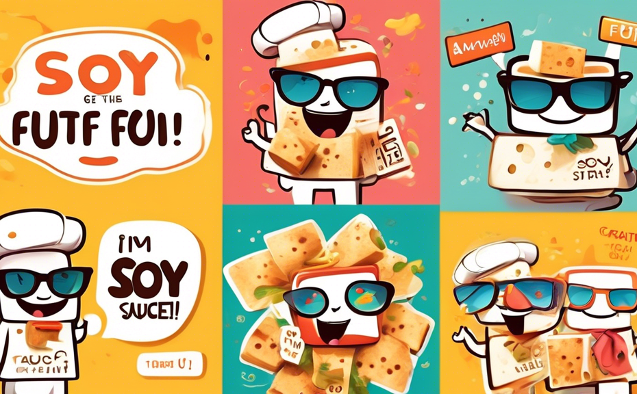 Create a whimsical and colorful illustration featuring various tofu characters engaging in playful puns related to tofu and soy. Include characters like a