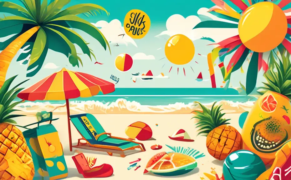 Create an illustration featuring a vibrant tropical beach scene filled with playful elements that represent various puns related to the beach and tropical