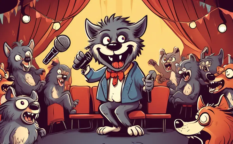 Create a whimsical illustration featuring a cartoon werewolf sitting at a comedy club stage, holding a microphone and telling jokes. The audience, which in