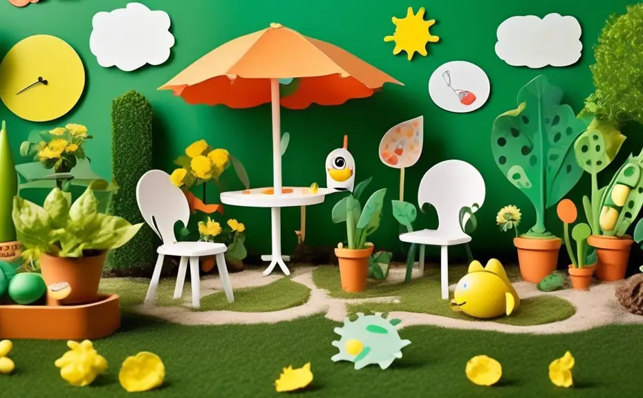 Create a whimsical garden scene that incorporates various playful yard puns, featuring a 'thyme' clock, a 'pea' pod chair, and a 'leaf' blower wearing sung