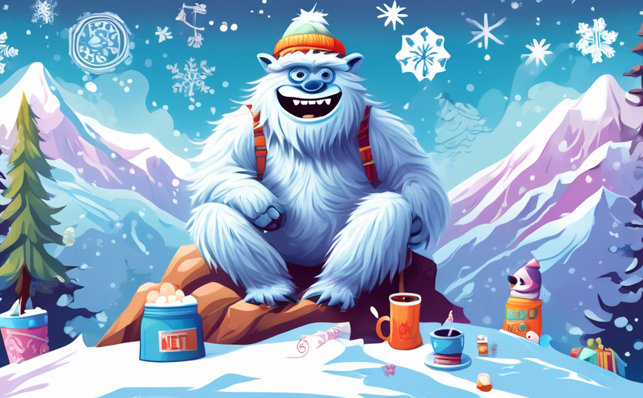 Create a whimsical and colorful illustration of a yeti sitting on a snowy mountain peak, surrounded by various humorous pun-related signs such as Yeti or n