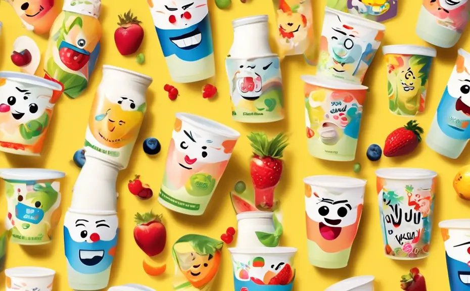 Create a whimsical scene featuring various cartoon yogurt containers with cheerful faces, each sporting playful puns and jokes written on them. Include col