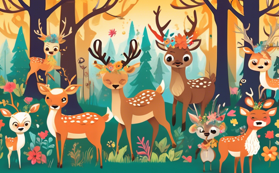 Create a whimsical and colorful illustration featuring various cartoon deer with expressive faces, each showcasing clever antler-themed puns. One deer coul