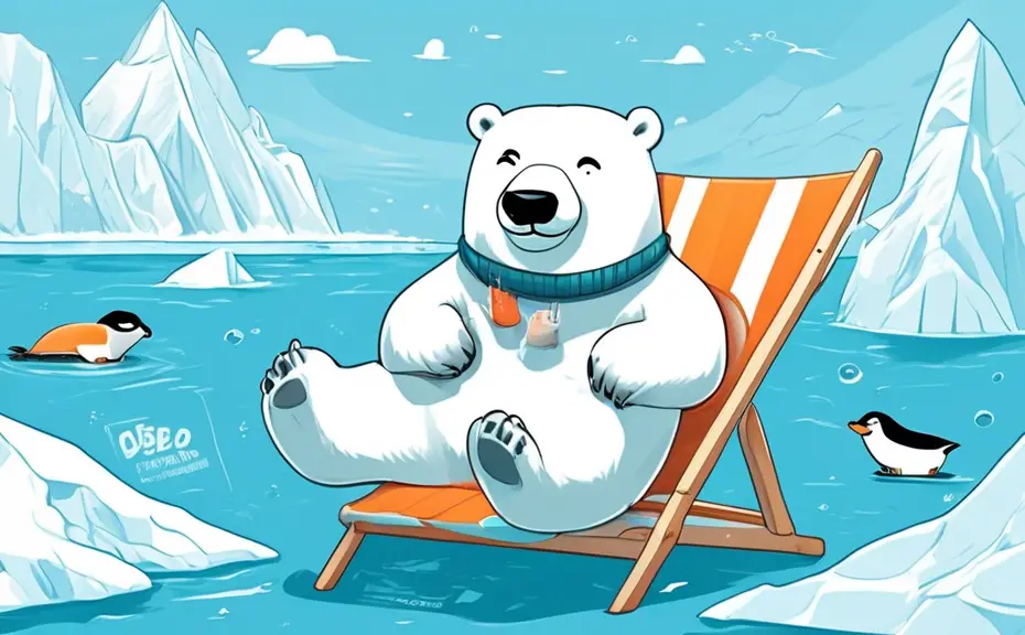 Create a whimsical illustration featuring a cartoon polar bear wearing sunglasses, lounging on a beach chair in the Arctic, surrounded by icebergs with fun