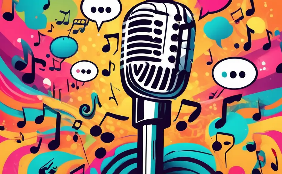 Create an image of a cartoon microphone with a big, goofy grin, surrounded by musical notes and colorful speech bubbles containing various funny audio puns