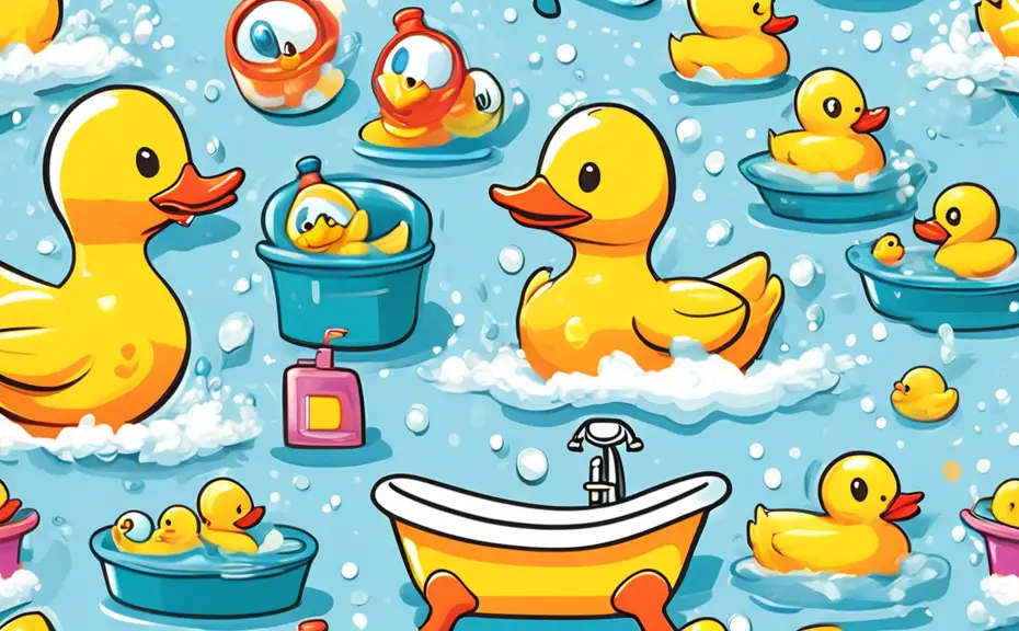 Create a whimsical and colorful illustration of a playful cartoon bathtub filled with bubbly water, rubber ducks, and bath toys. The bathtub has a cheerful