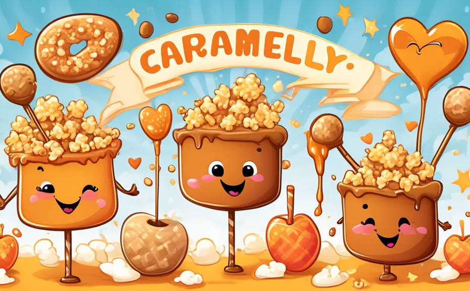 Create a whimsical and colorful illustration featuring a variety of caramel treats, such as dripping caramel candies, caramel popcorn, and caramel-covered