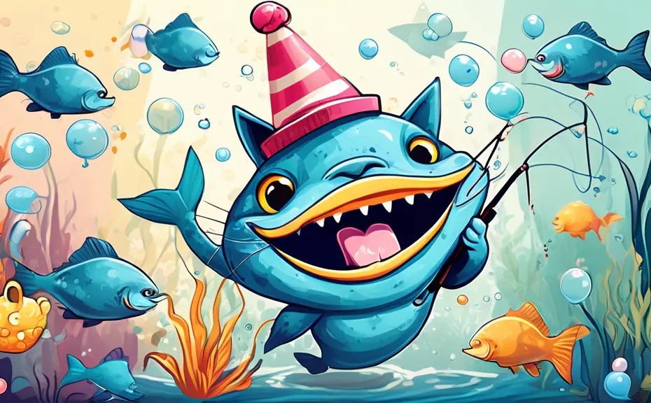 Create a whimsical illustration featuring a cartoon catfish wearing a party hat and holding a fishing rod, surrounded by speech bubbles filled with funny c