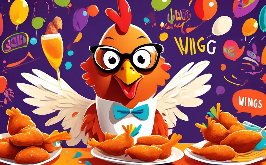 Create a whimsical illustration of a chicken wing character with a big smile and comical glasses, surrounded by various speech bubbles containing funny chi