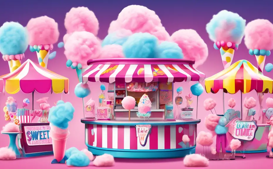 Create a whimsical illustration of a cotton candy stand at a carnival, featuring giant fluffy cotton candy in vibrant colors. Surround the stand with playf