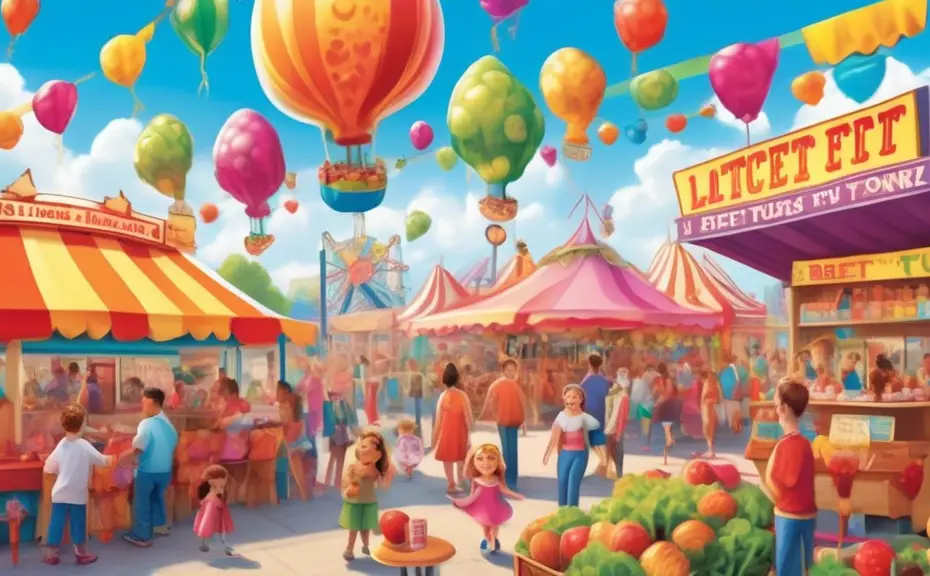 Create a whimsical, colorful fair scene featuring a variety of food stalls with amusing pun-themed signs, such as Lettuce Turnip the Beet, You're the Apple