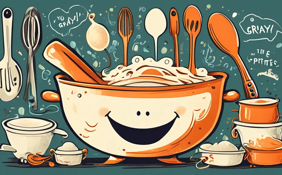 Create a whimsical illustration of a cartoon gravy boat with a big smile, surrounded by various kitchen utensils like a whisk and spoon, all engaging in a