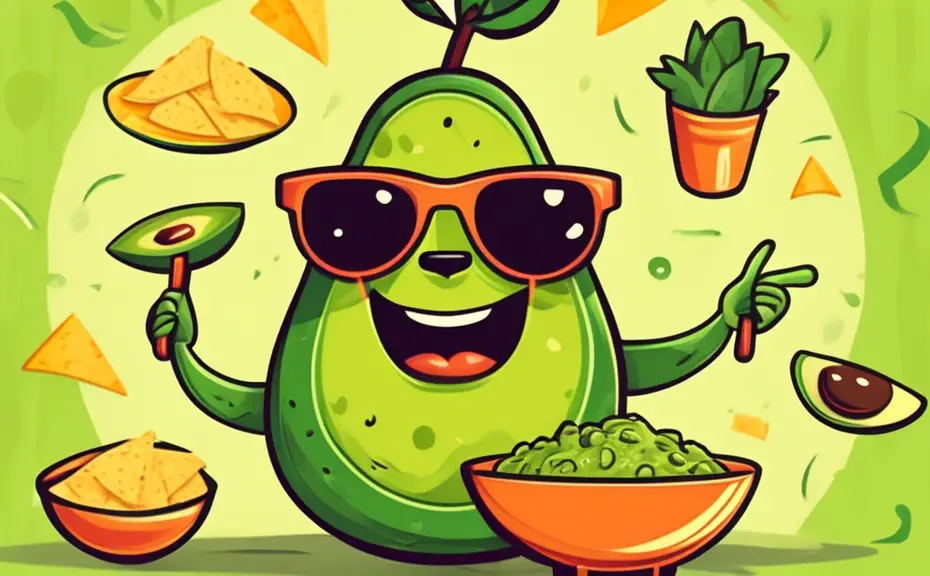 Create a whimsical and colorful illustration featuring a cheerful avocado character wearing sunglasses and holding a bowl of guacamole. Surround the avocad