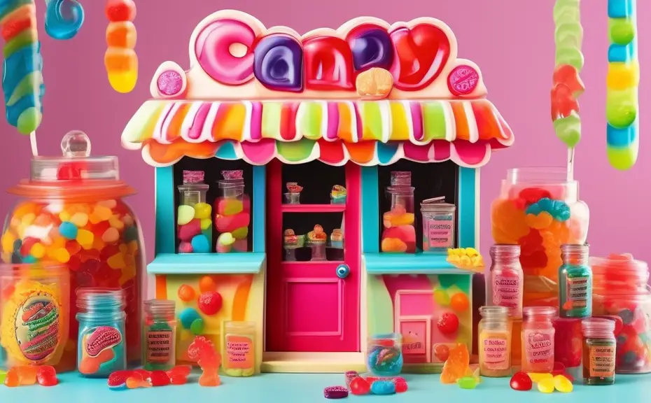 Create a whimsical scene featuring a bright, colorful candy shop filled with gummy candies. Include gummy bears, gummy worms, and gummy fruits, all with pl