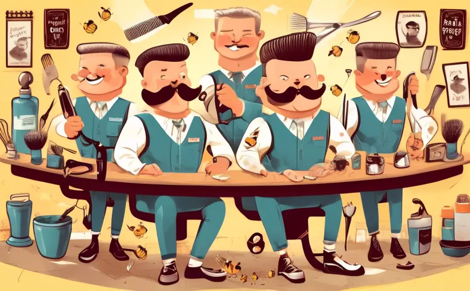 Create an illustration of a whimsical barbershop scene where various haircuts are humorously exaggerated. Include a barber with oversized scissors, custome