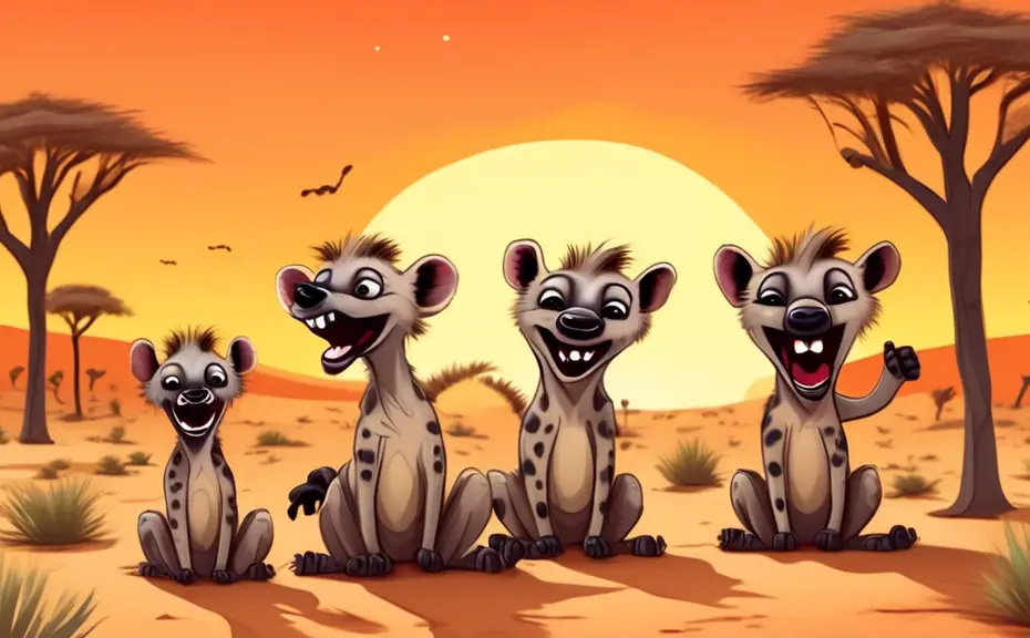 Create a whimsical cartoon scene featuring a group of hyenas laughing together in a desert savanna. Each hyena is holding a sign with a funny pun related t