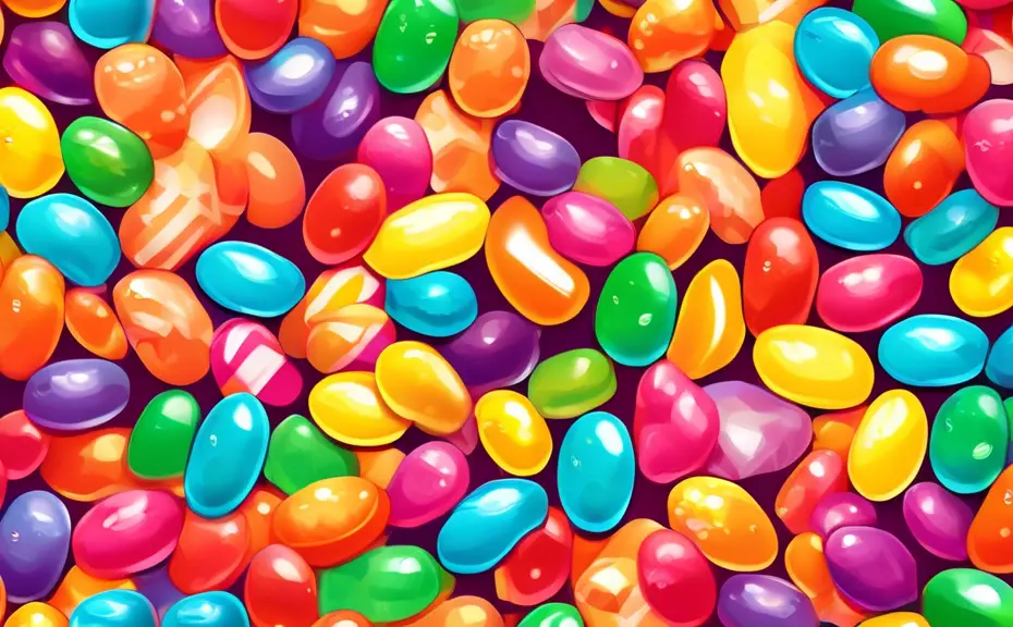 Create a vibrant and playful illustration featuring a variety of colorful jelly beans each with unique facial expressions and playful text bubbles containi