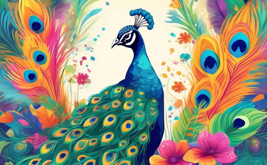 Create a whimsical illustration featuring a vibrant peacock surrounded by colorful feathers. The peacock should be playfully interacting with various puns