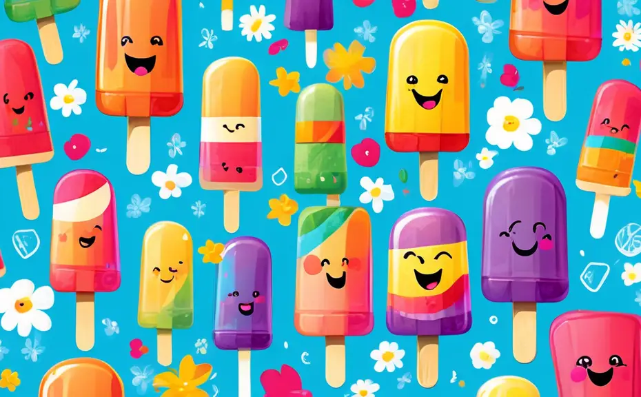 Create a vibrant and playful illustration featuring a variety of colorful popsicles each with unique faces and expressions, accompanied by whimsical text b