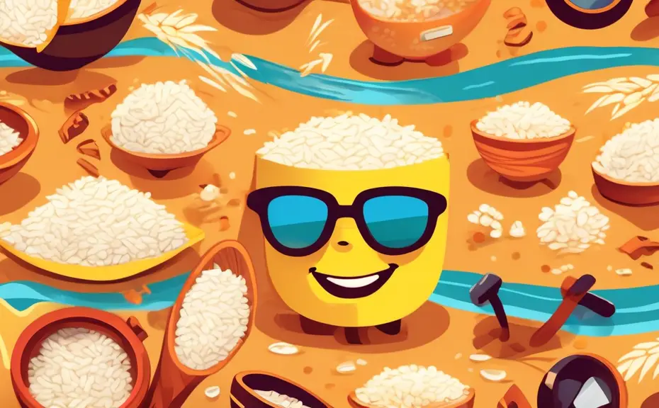 Create a vibrant and playful illustration featuring a variety of cartoon rice grains with expressive faces, each engaging in humorous activities that relat