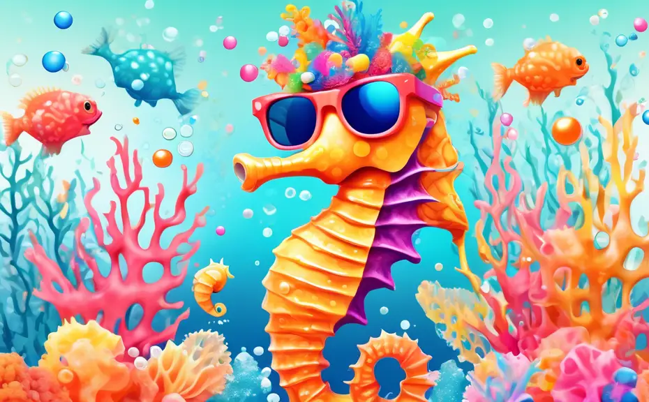 Create a whimsical illustration of a cheerful seahorse wearing colorful sunglasses and a party hat, surrounded by colorful coral and bubbles. Incorporate p