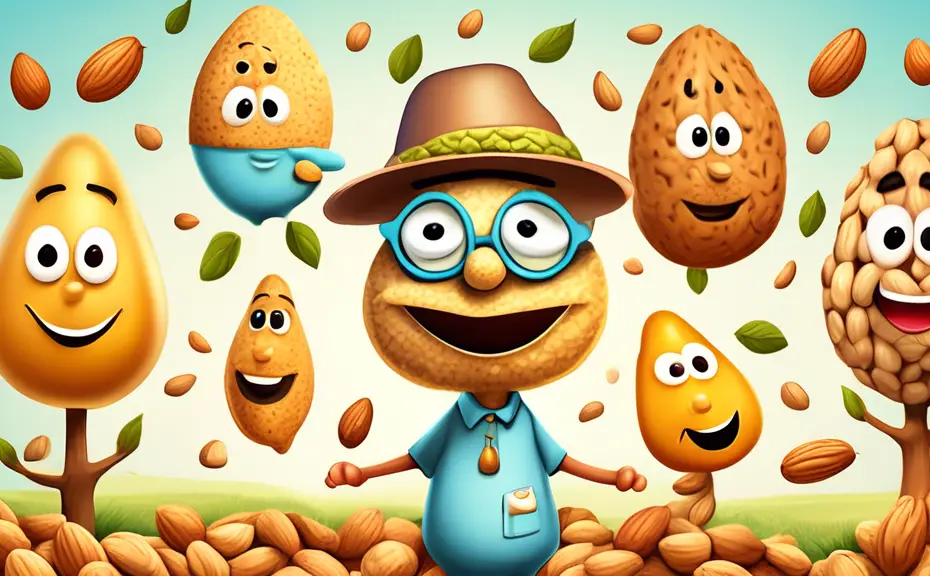 Create a whimsical illustration of a playful sesame seed character wearing a silly hat and glasses, surrounded by various nut characters (like almonds, wal