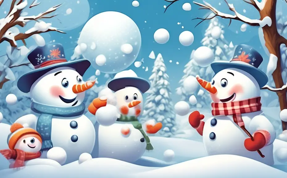 Create a whimsical cartoon scene featuring playful snowmen engaging in various snowball-related activities, such as throwing snowballs, making snowball scu