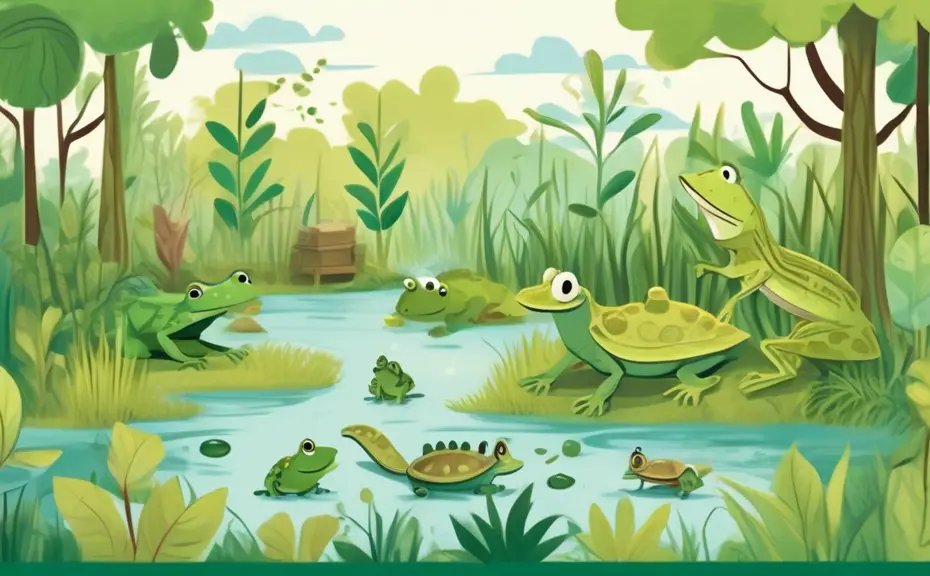 Create an illustrated scene set in a whimsical swamp, featuring various animals like frogs, alligators, and turtles, engaging in playful activities that in