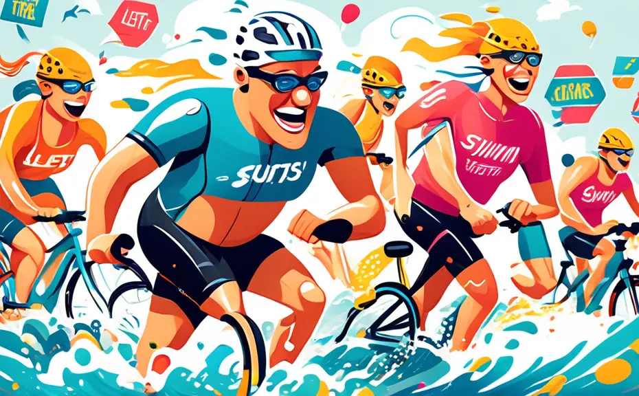 Create a vibrant and energetic illustration featuring cartoonish triathletes participating in a fun triathlon event. Include playful pun elements like Let