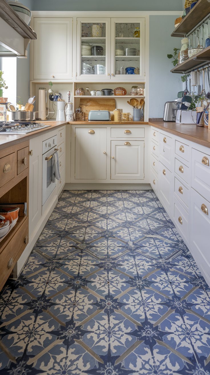 Blue and White Patterned Floor Tiles