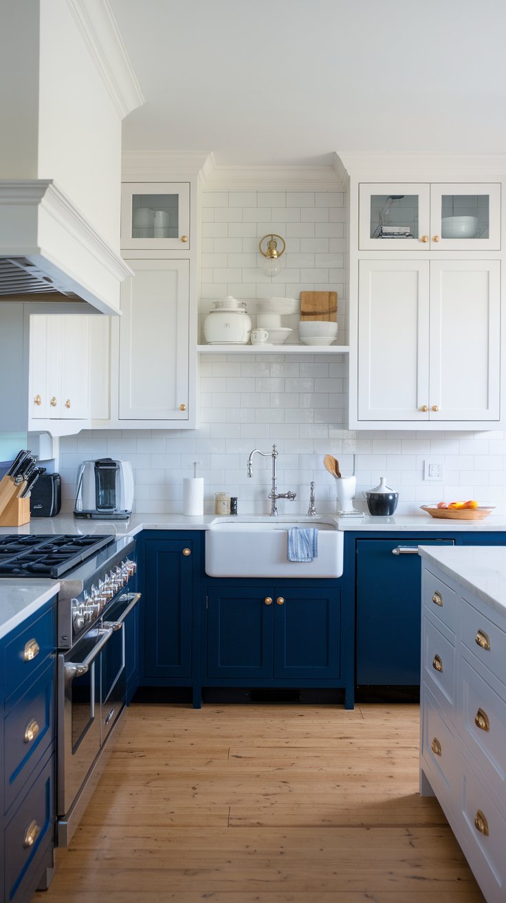 Indigo Blue Lower Cabinets with White Uppers