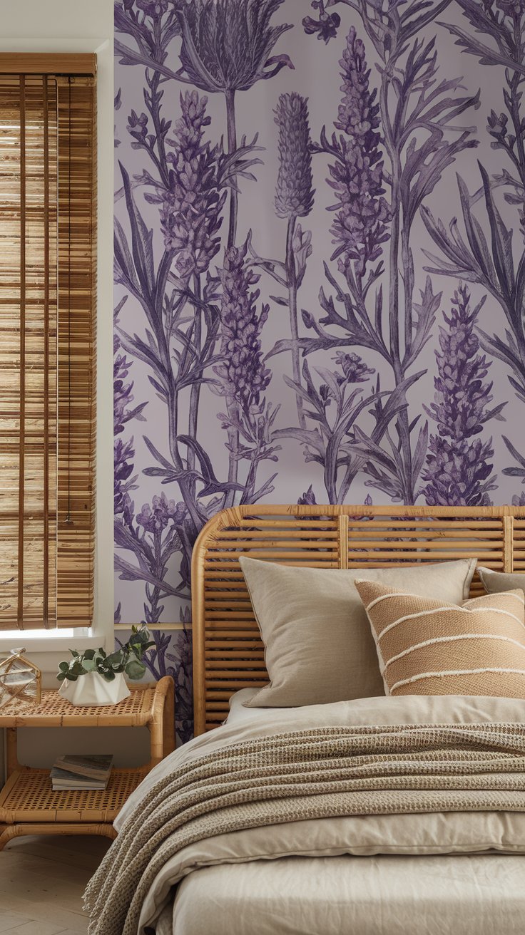 Botanical Purple Wallpaper with Bamboo Furniture