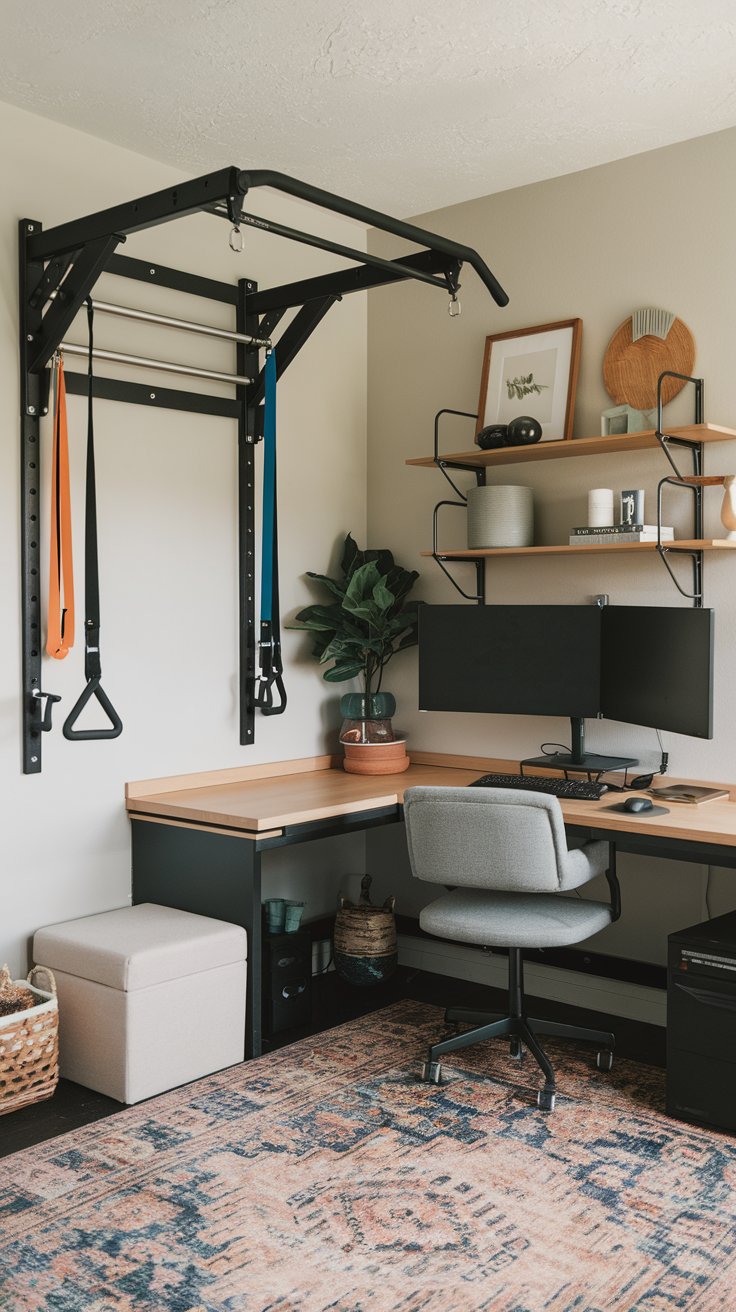 Corner Desk with Wall-Mounted Exercise Equipment