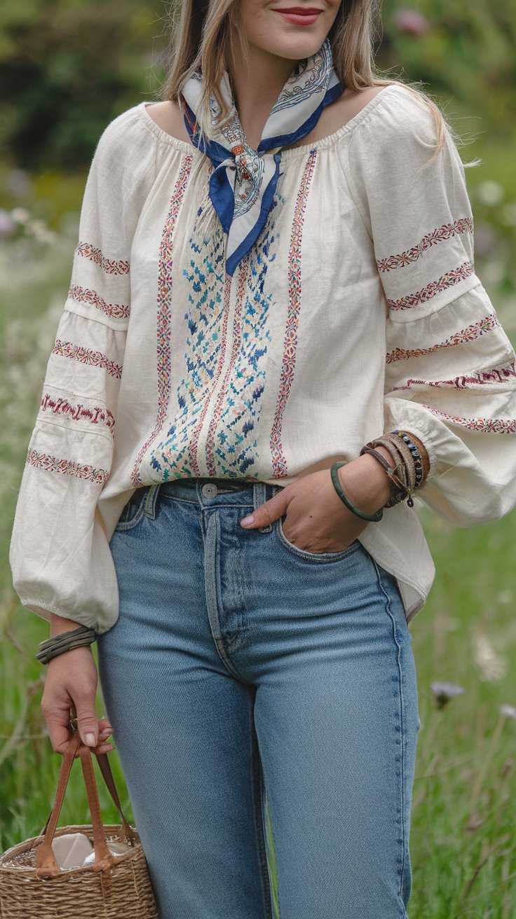 Embroidered Peasant Blouse and Jeans (For the "I Tried But I'm Still Comfortable" Look)