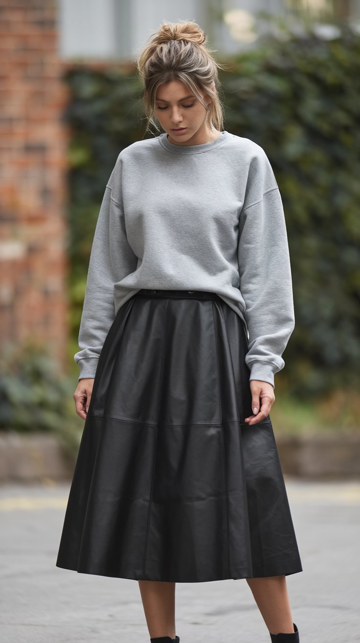 The Sweatshirt & Leather Skirt Contrast (because opposites totally attract)