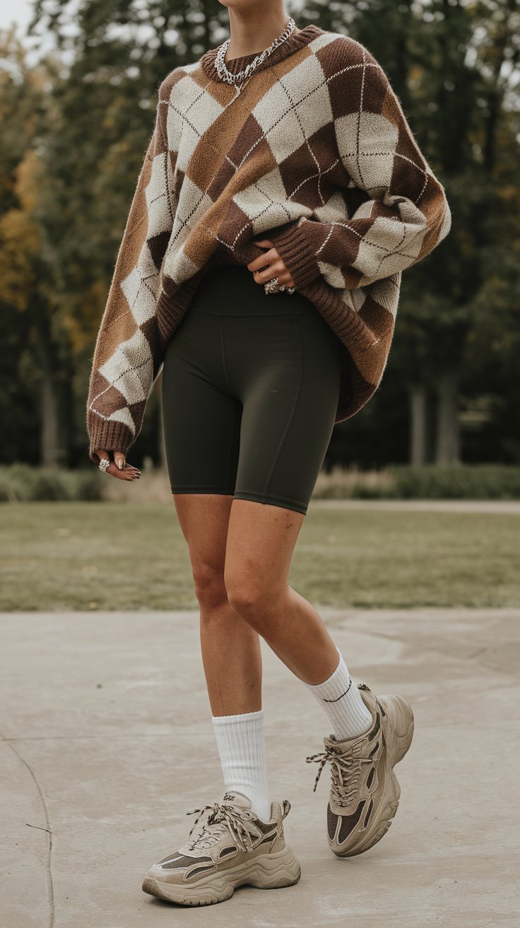 Thrifted Grandpa Sweater and Bike Shorts (because comfort and cool can coexist)