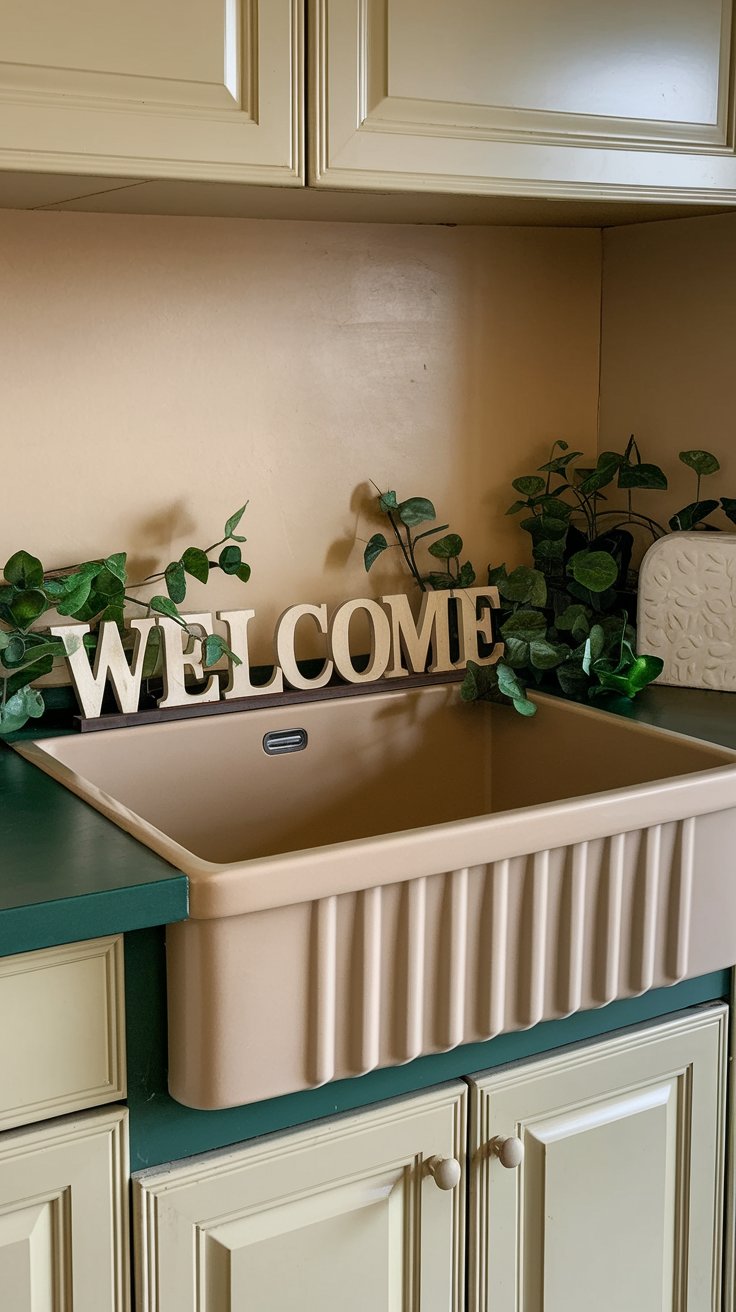 Beige Farmhouse Sink with Green Surroundings