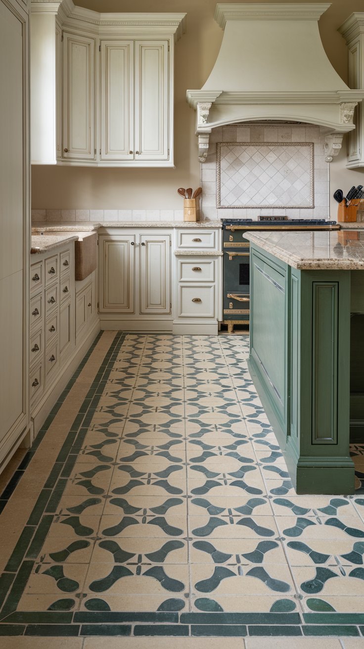 Beige and Green Patterned Floor Tiles