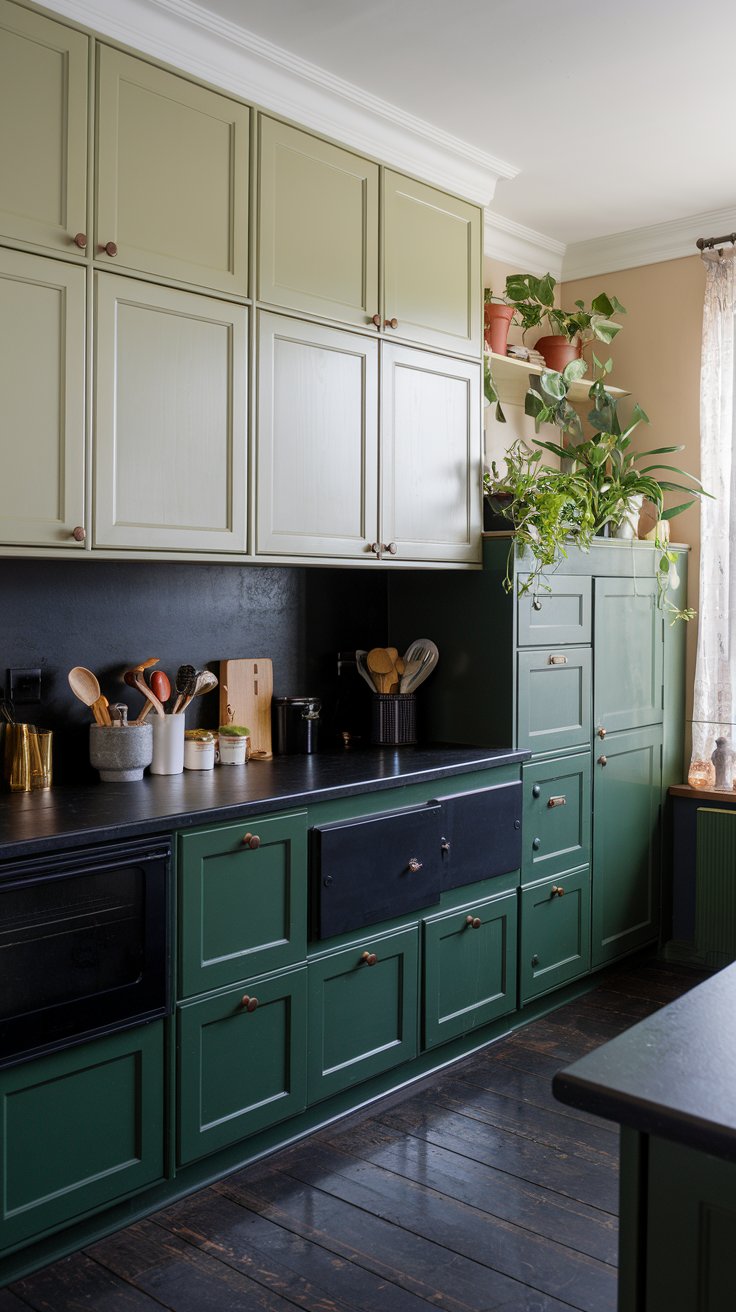 Black Countertops with Green Lower Cabinets