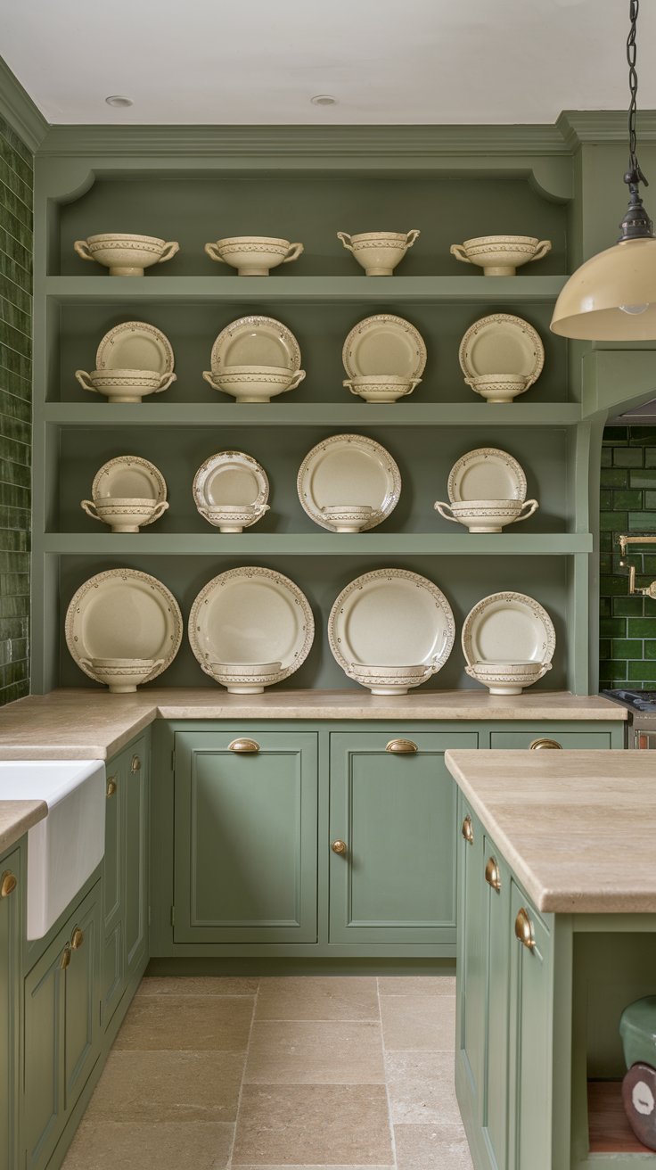 Green Open Shelving with Beige Dishware