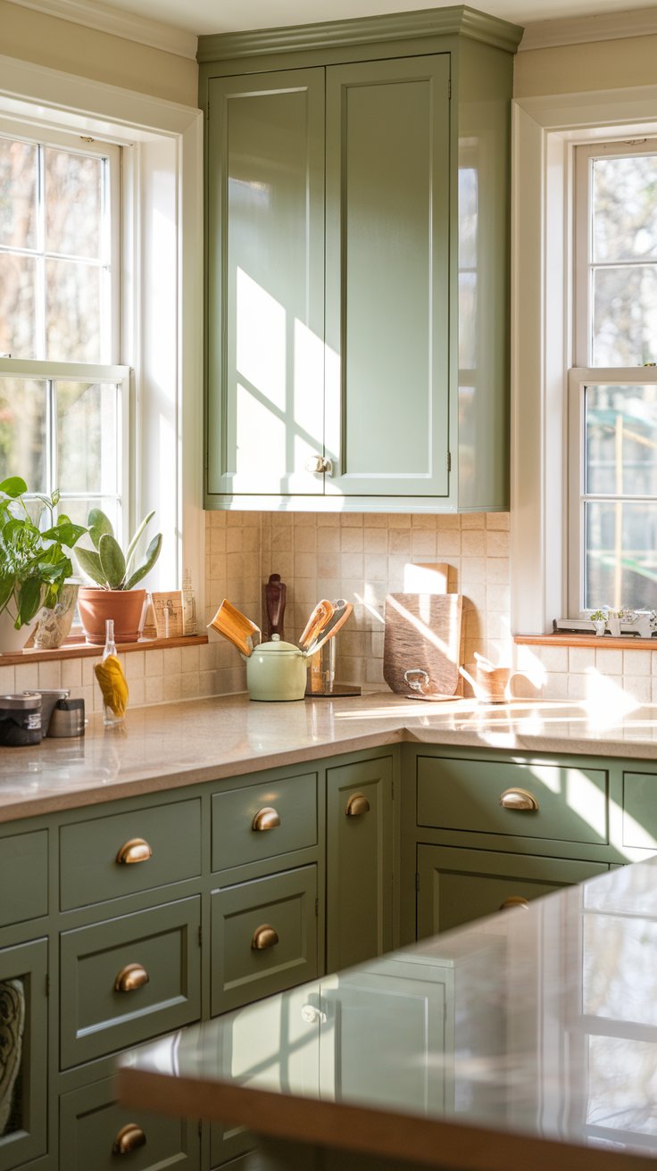 Sage Green Cabinets with Beige Countertops